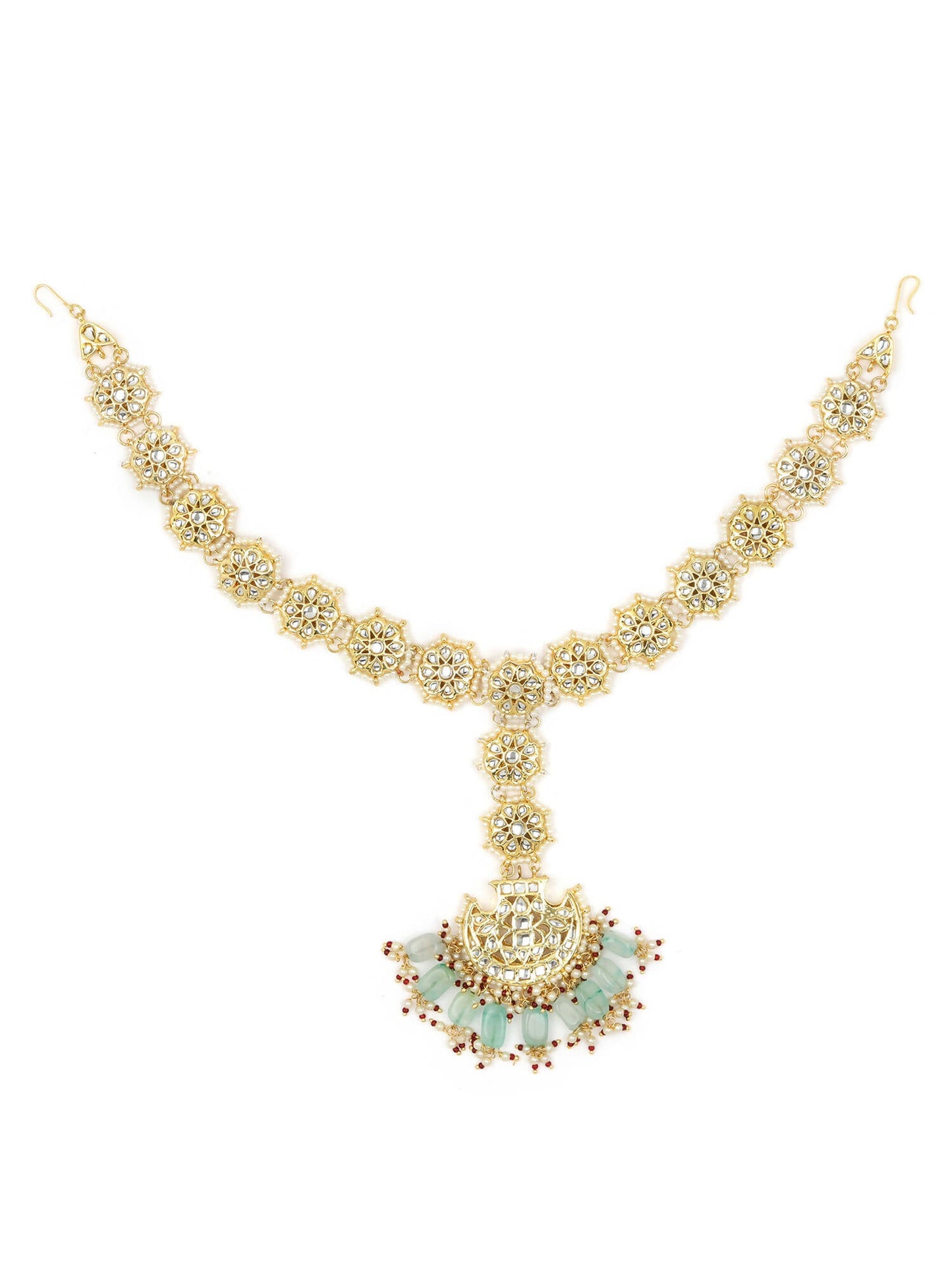 Gold-Polished White Blue Kundan-Studded Pearl Beaded Matha Patti - Ruby Raang | Swadesiicart
