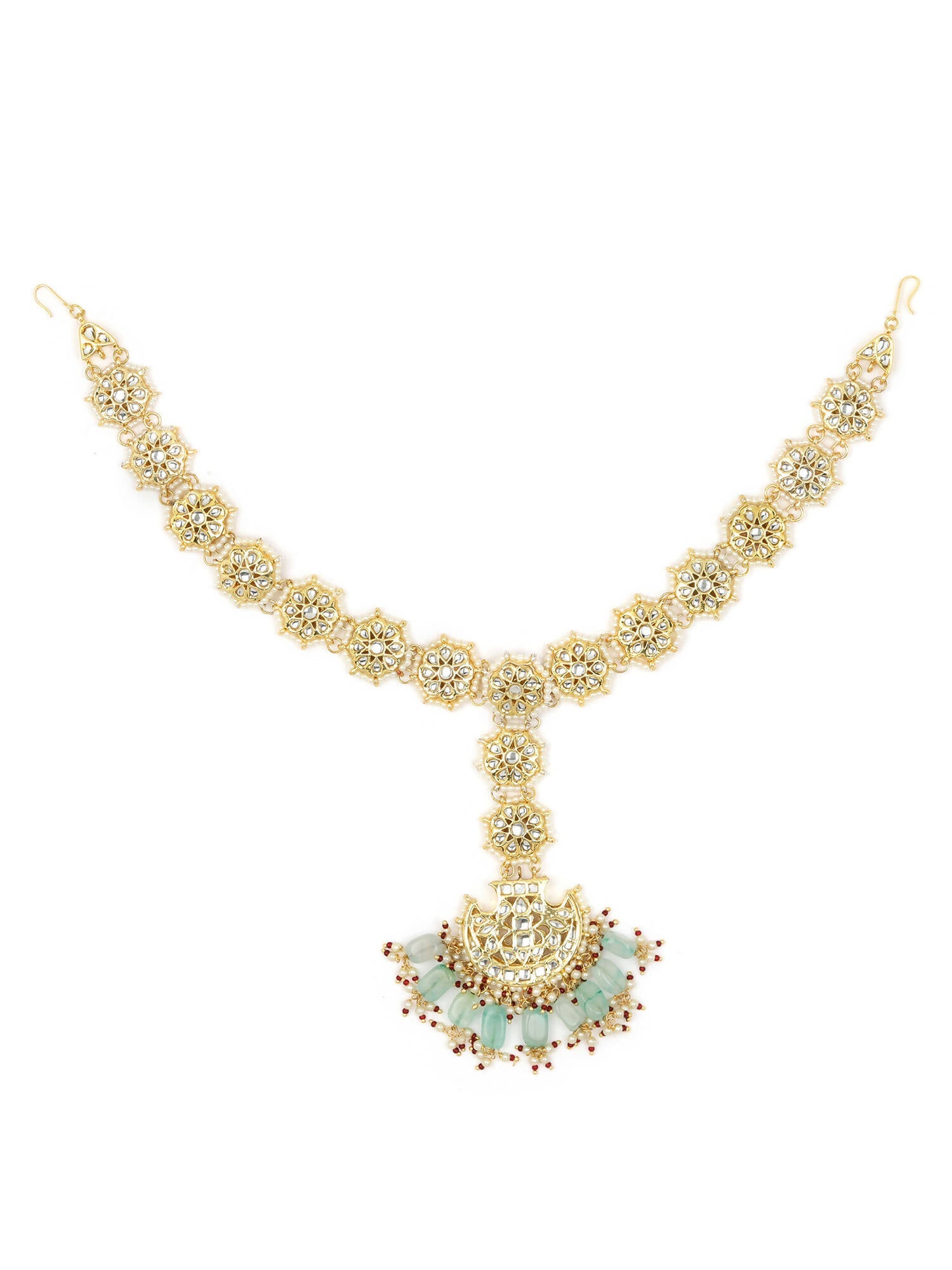 Gold-Polished White Blue Kundan-Studded Pearl Beaded Matha Patti - Ruby Raang | Swadesiicart