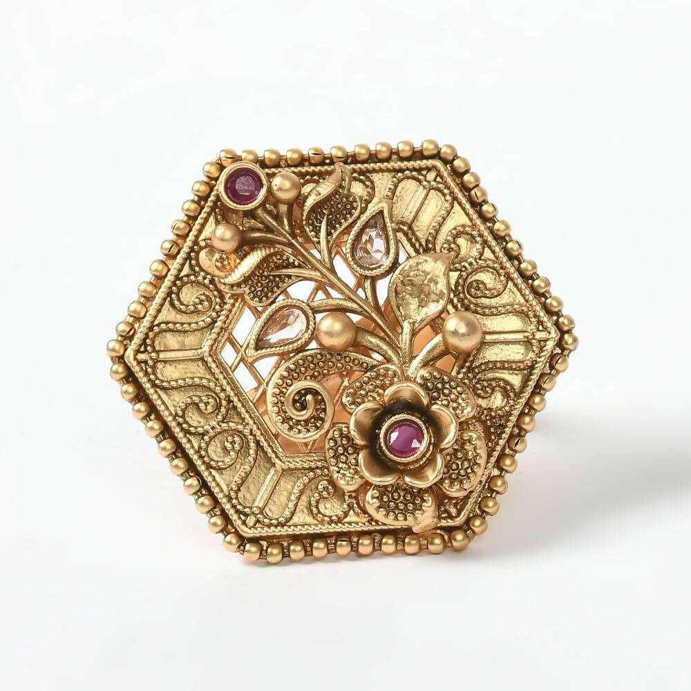 Mominos Fashion Joharkamal Gold-Polished Stone Studded Adjustable Finger Ring - Design 11 | Swadesiicart