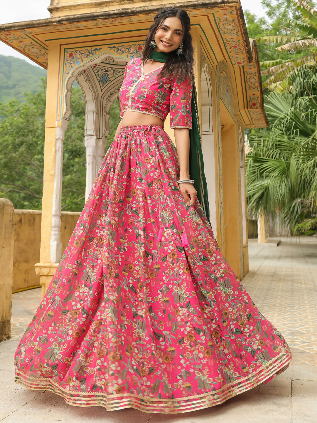 Janasya Pink Georgette Floral Lehenga Choli Dupatta | Swadesiicart