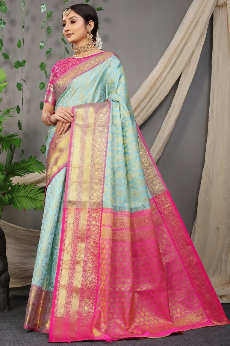Jyoti Fashion Women's Sky Blue Kanjivaram Silk Zari Woven Saree with Blouse | Swadesiicart