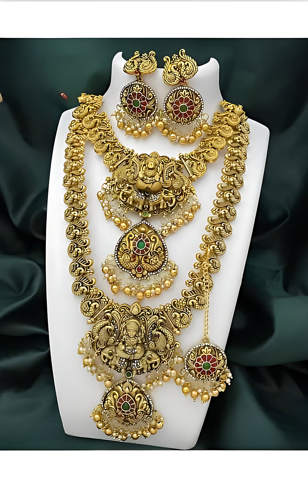 Jewel City Royal Temple Design Lakshmi Kaasu Mala Set with Chandbali Earrings & Tikka | Swadesiicart