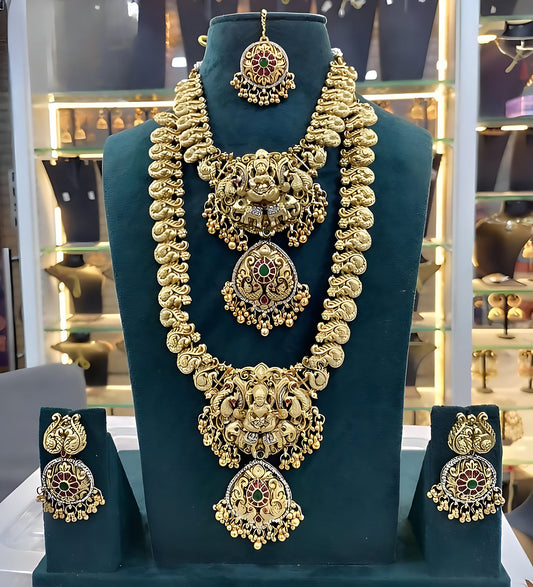 Jewel City Royal Temple Design Lakshmi Kaasu Mala Set with Chandbali Earrings & Tikka | Swadesiicart