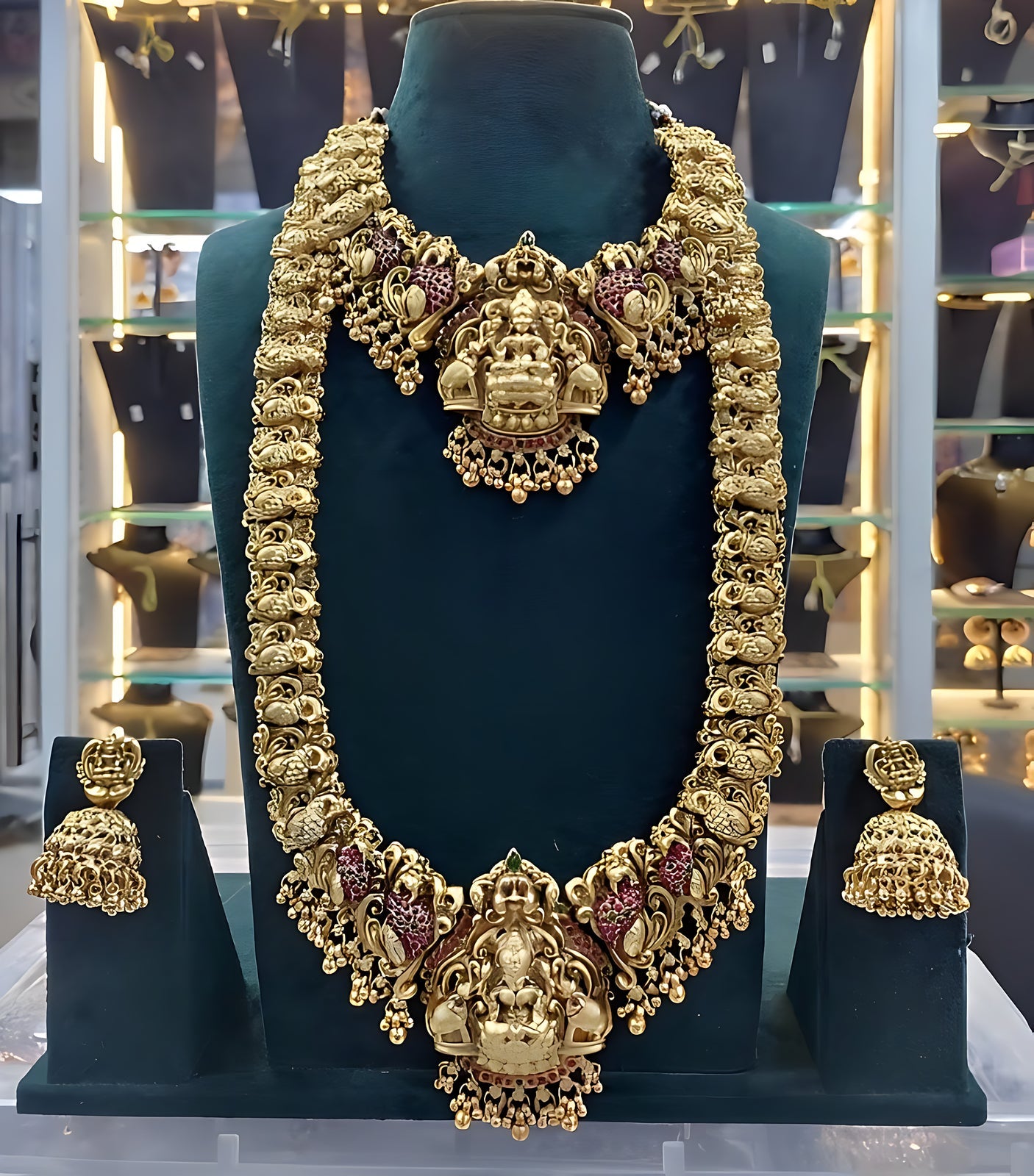 Jewel City Traditional Temple Design Gold-Plated Lakshmi Long Necklace Jhumka Earrings Antique South Indian Bridal Jewelry Set | Swadesiicart