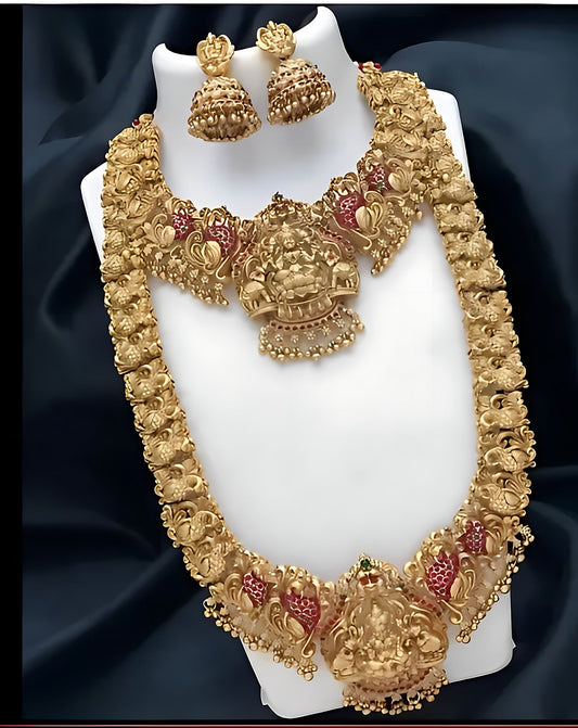 Jewel City Traditional Temple Design Gold-Plated Lakshmi Long Necklace Jhumka Earrings Antique South Indian Bridal Jewelry Set | Swadesiicart