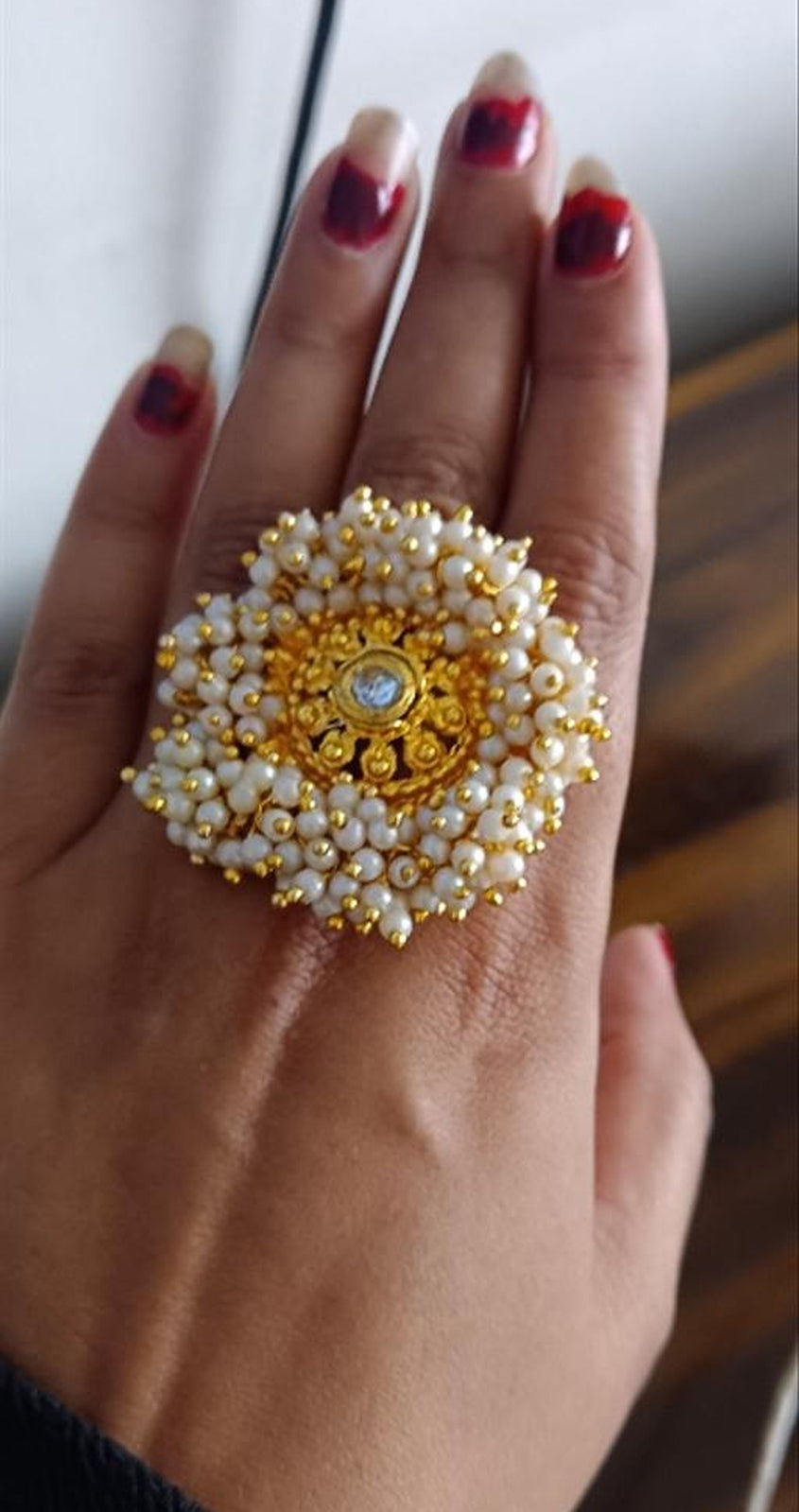 Jewel City Elegant Floral Pearl Statement Ring - Handcrafted Gold-Plated Traditional Indian Adjustable Ring | Swadesiicart