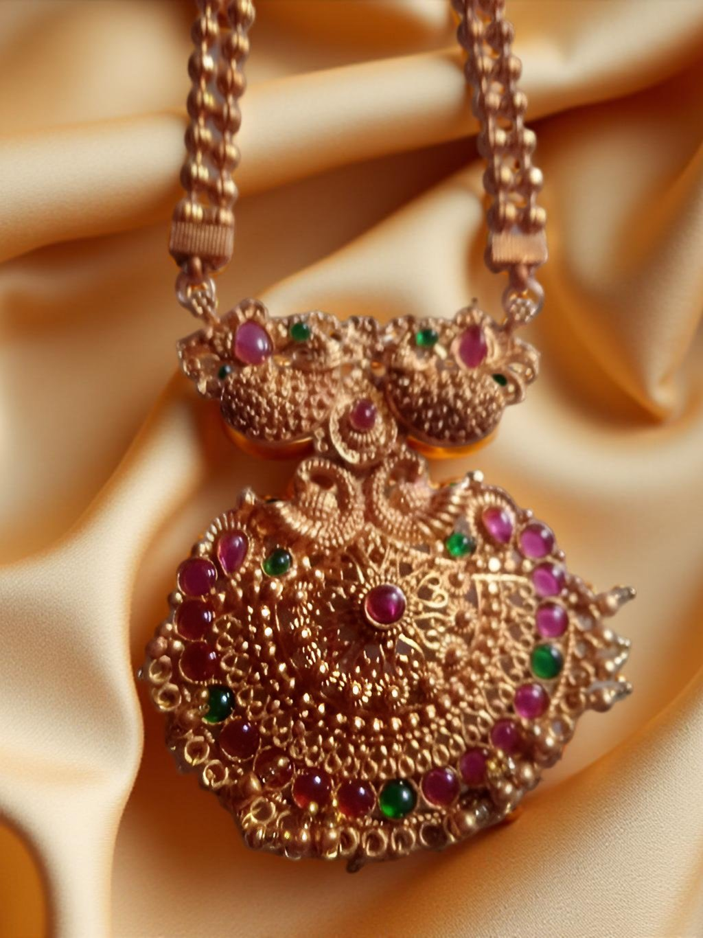 Jewel City Antique Gold-Plated Temple Necklace Set – Peacock & Kemp Stone Design | Swadesiicart
