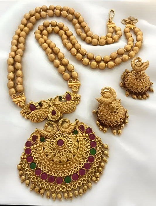 Jewel City Antique Gold-Plated Temple Necklace Set – Peacock & Kemp Stone Design | Swadesiicart