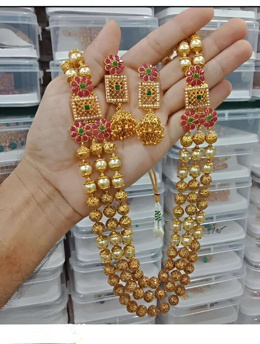 Jewel City Elegant Multi-Strand Gold Bead Temple Necklace Set with Floral Ruby-Emerald - Traditional South Indian Style Jewelry | Swadesiicart