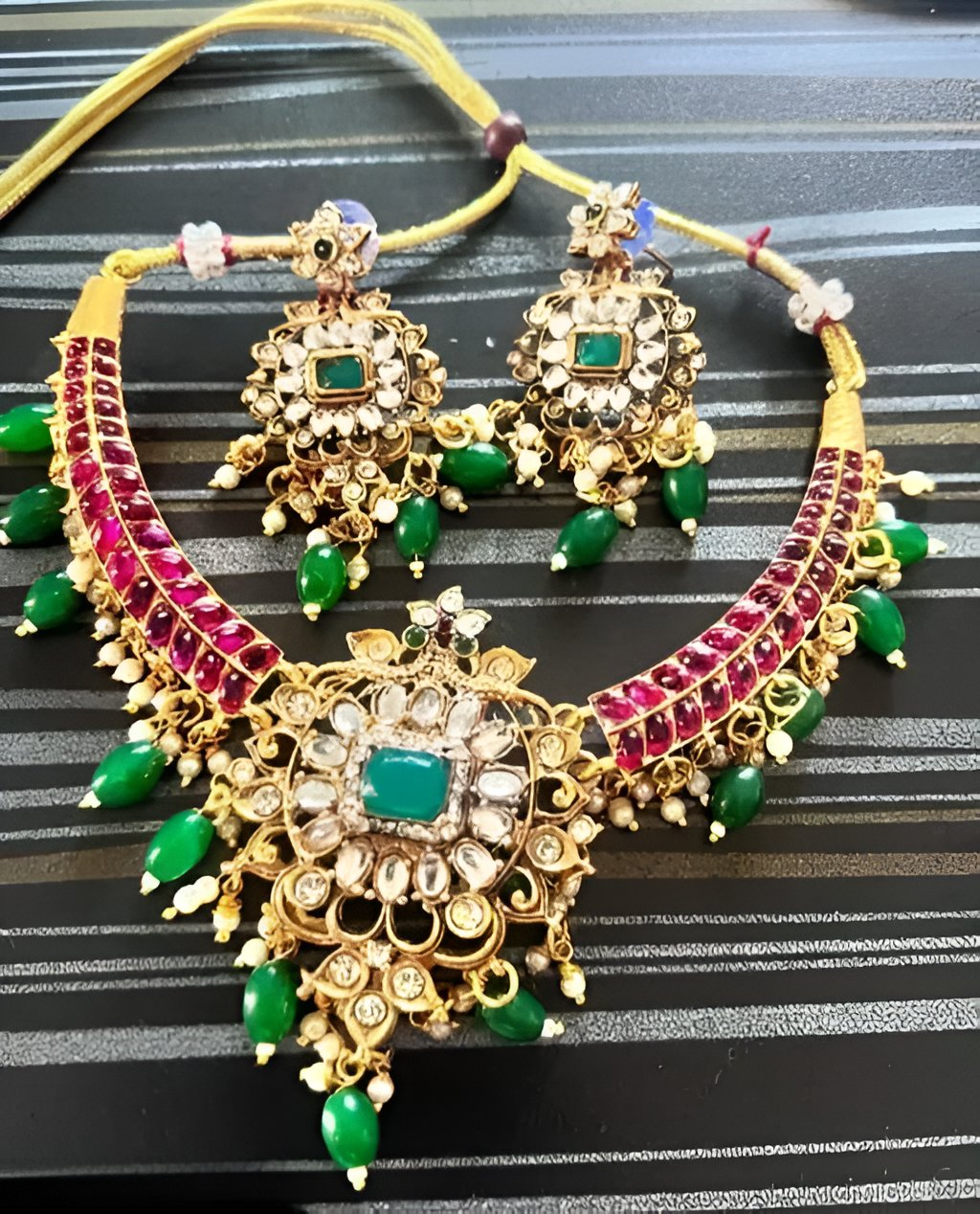 Jewel City Royal Kundan Choker Necklace Set – Gold-Plated Bridal Jewelry with Emerald & Ruby Beads | Swadesiicart