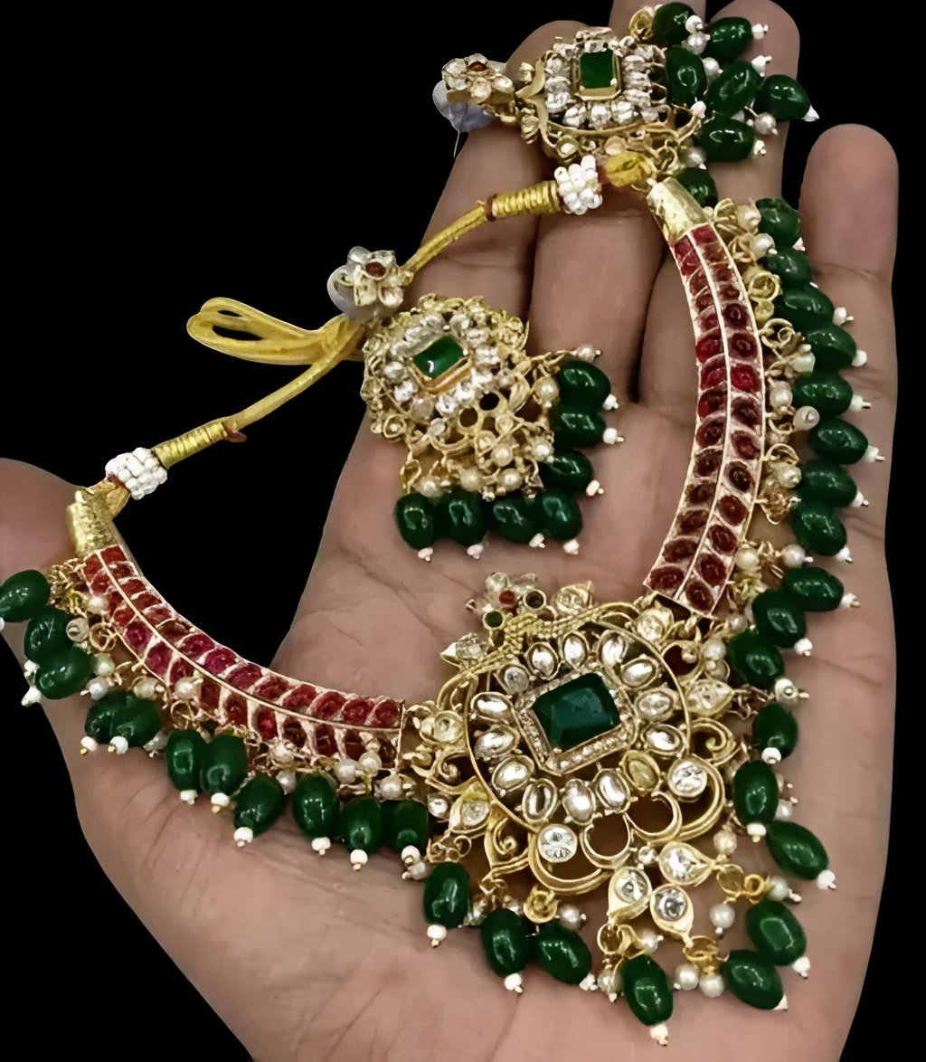 Jewel City Royal Kundan Choker Necklace Set – Gold-Plated Bridal Jewelry with Emerald & Ruby Beads | Swadesiicart
