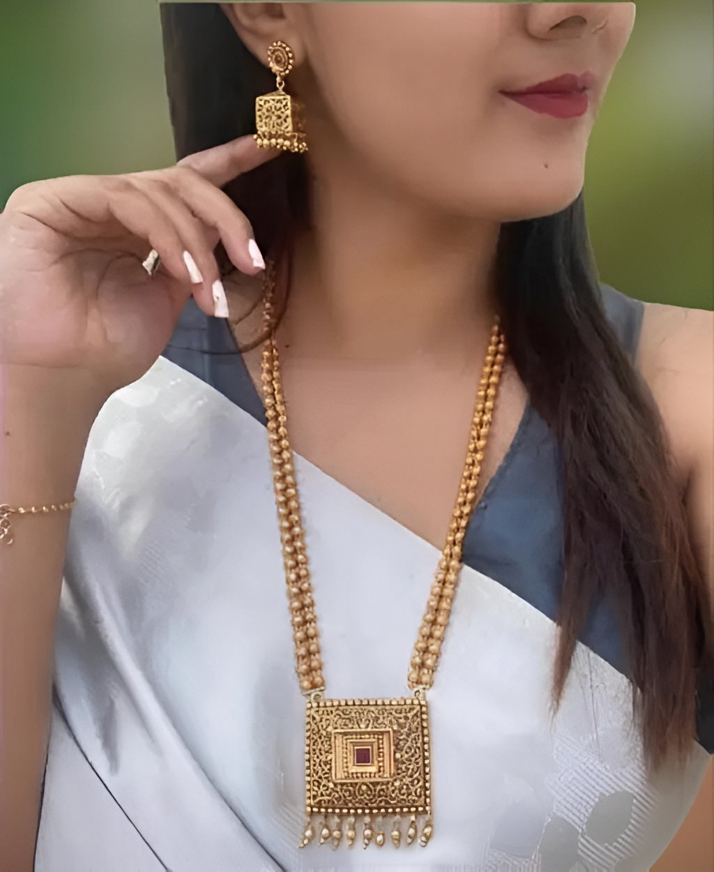 Jewel City Antique Gold-Plated Filigree Necklace Set – Traditional Long Haram with Ruby Accent | Swadesiicart