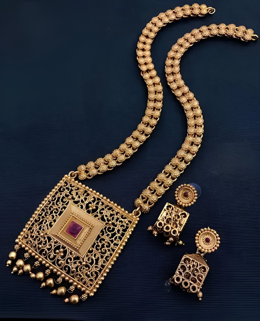 Jewel City Antique Gold-Plated Filigree Necklace Set – Traditional Long Haram with Ruby Accent | Swadesiicart