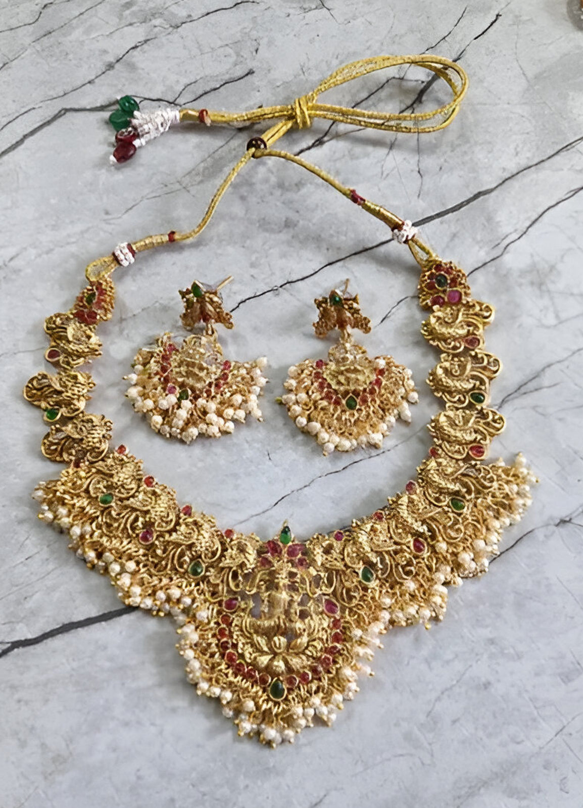 Jewel City Traditional Lakshmi Temple Necklace Set – Gold-Plated Bridal Jewelry with Pearls & Kemp Stones | Swadesiicart