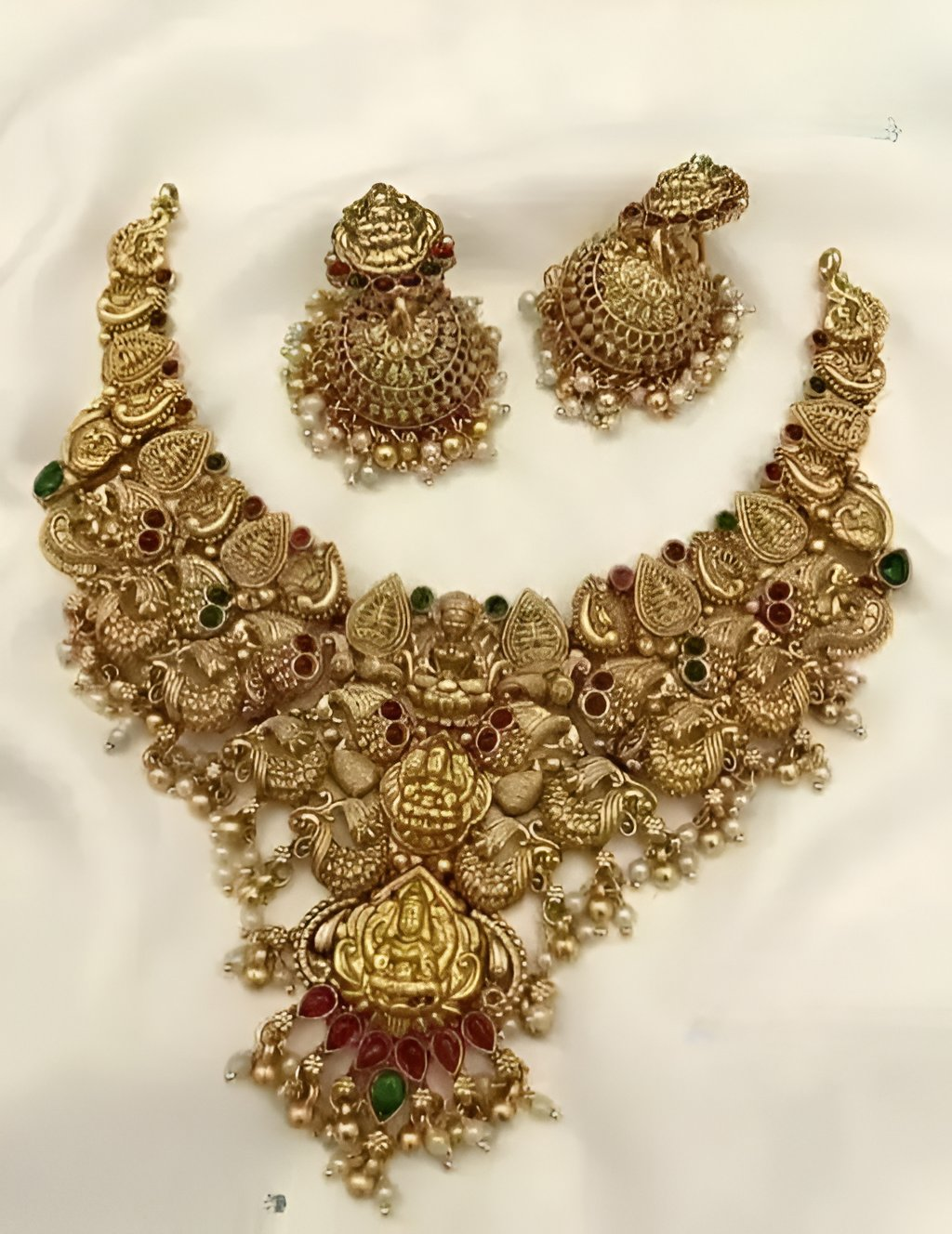 Jewel City Bridal Temple Jewelry Set – Gold-Plated Goddess Lakshmi Necklace with Jhumkas | Swadesiicart