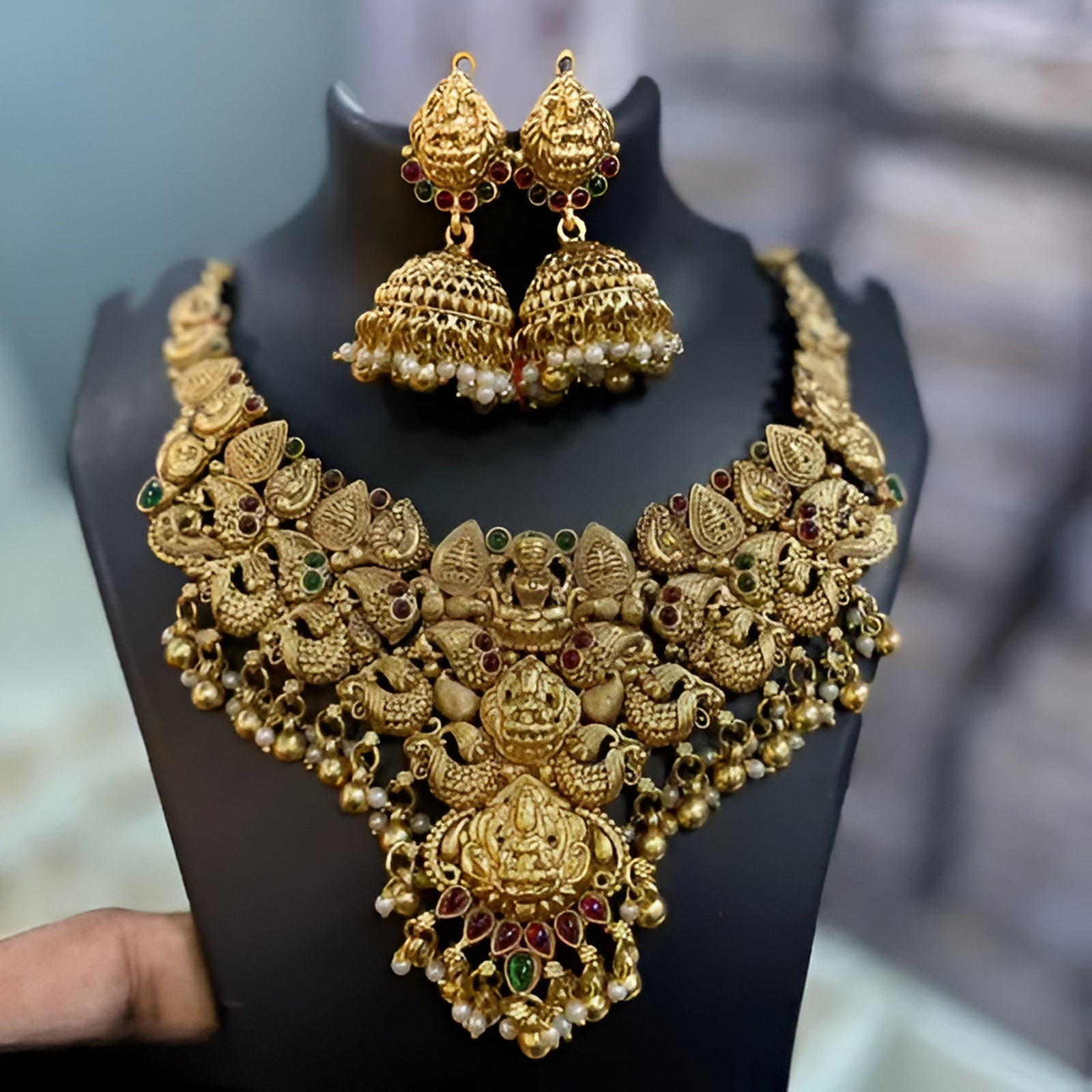 Jewel City Bridal Temple Jewelry Set – Gold-Plated Goddess Lakshmi Necklace with Jhumkas | Swadesiicart