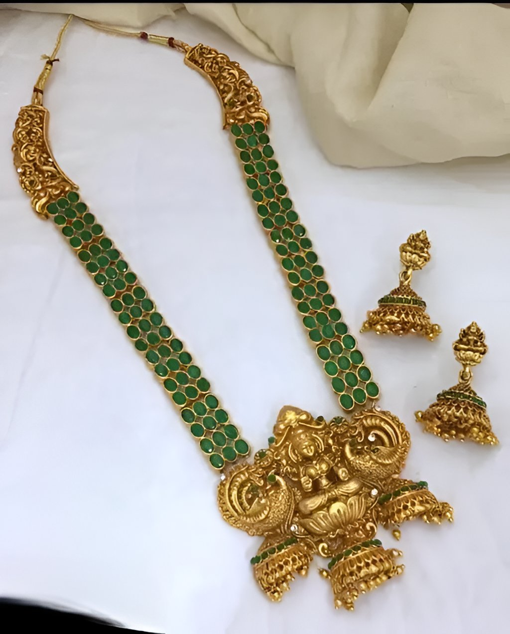 Jewel City Lakshmi Temple Haaram Necklace Set – Gold-Plated with Green Stones | Swadesiicart