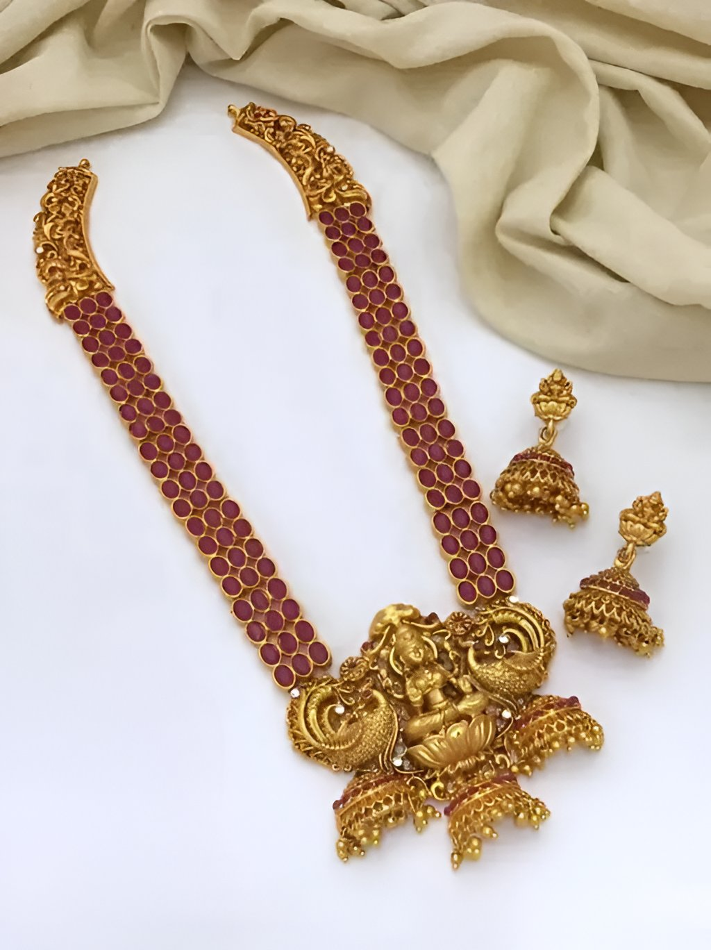 Jewel City Lakshmi Temple Haaram Necklace Set – Gold-Plated with Red Stones | Swadesiicart