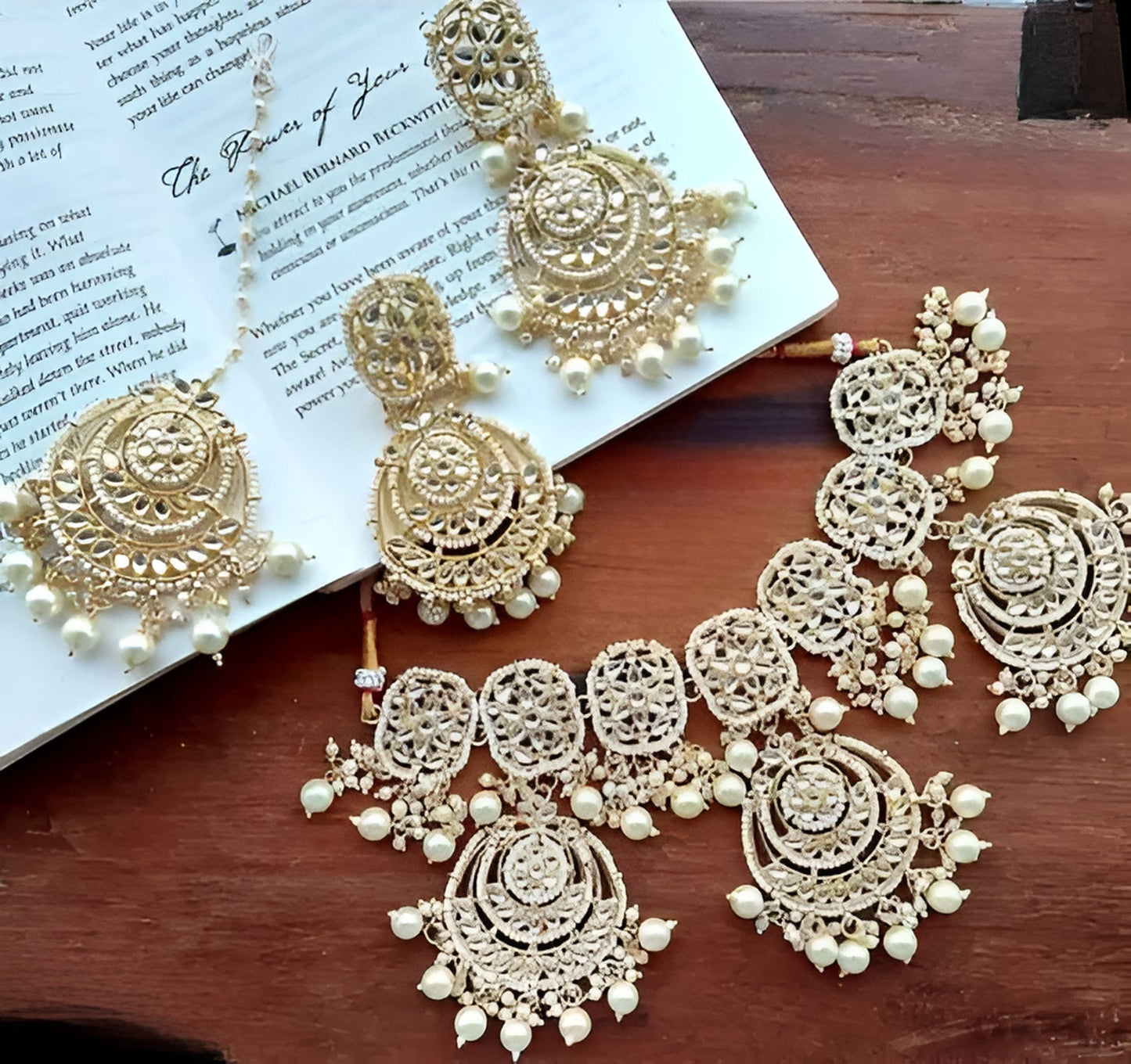 Jewel City Luxurious Pearl Gold-Plated Kundan Choker Necklace Set with Earrings & Maang Tikka-Traditional Indian Bridal Jewelry | Swadesiicart