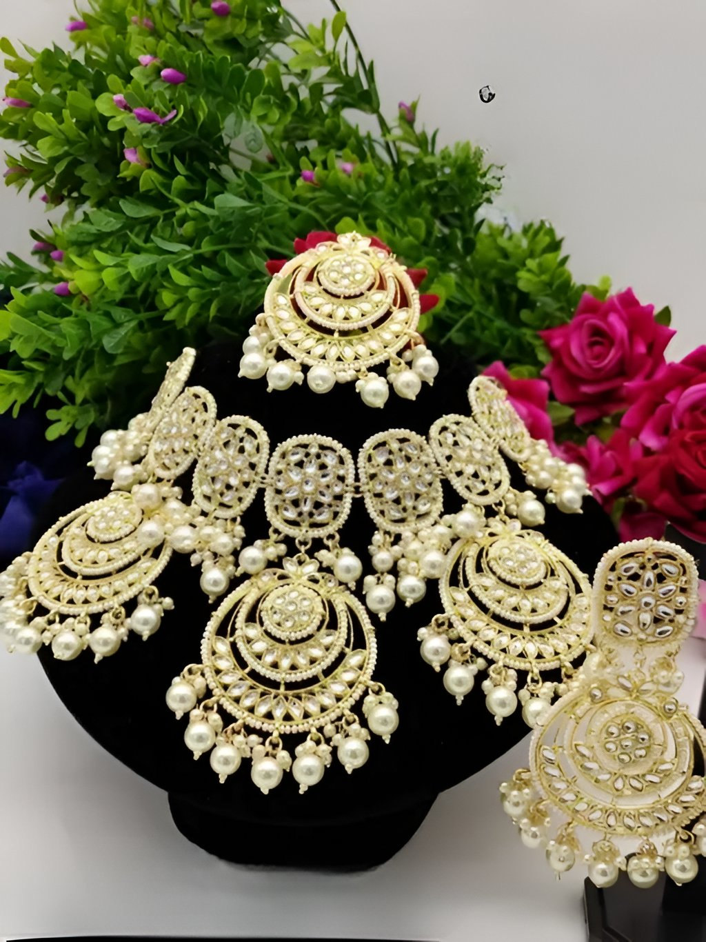 Jewel City Luxurious Pearl Gold-Plated Kundan Choker Necklace Set with Earrings & Maang Tikka-Traditional Indian Bridal Jewelry | Swadesiicart