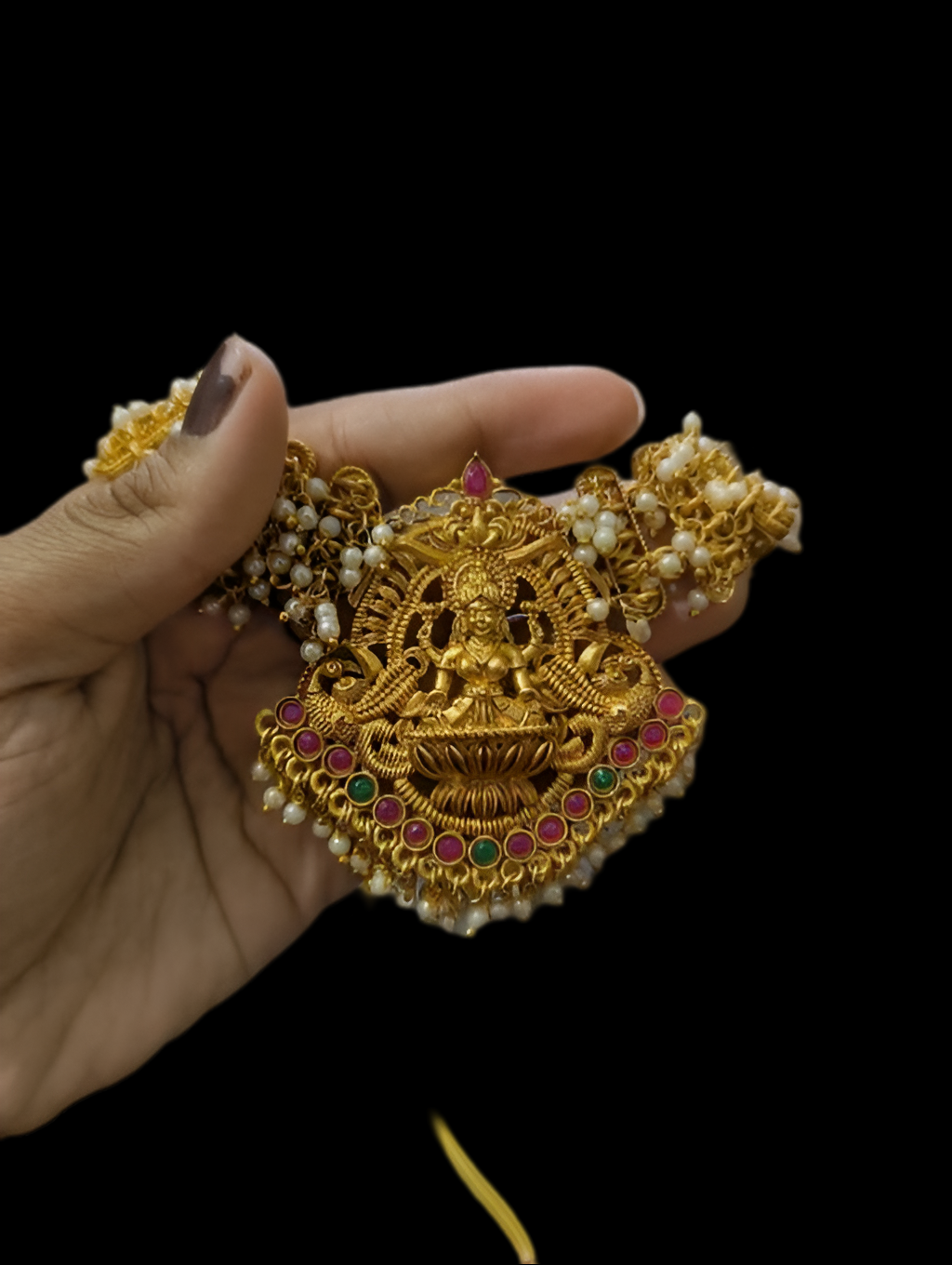 Jewel City Bridal Lakshmi Temple Necklace Set – Gold-Plated with Pearl Clusters | Swadesiicart