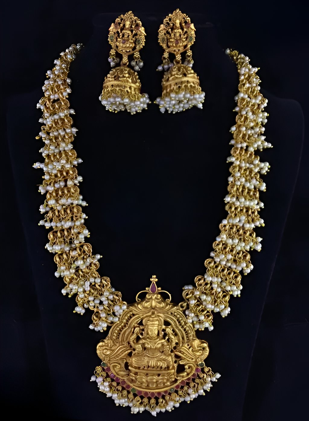 Jewel City Bridal Lakshmi Temple Necklace Set – Gold-Plated with Pearl Clusters | Swadesiicart