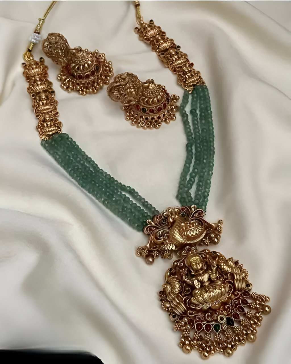 Jewel City Gold-Plated Temple Jewelry Set with Green Beads – Lakshmi & Peacock Design | Swadesiicart