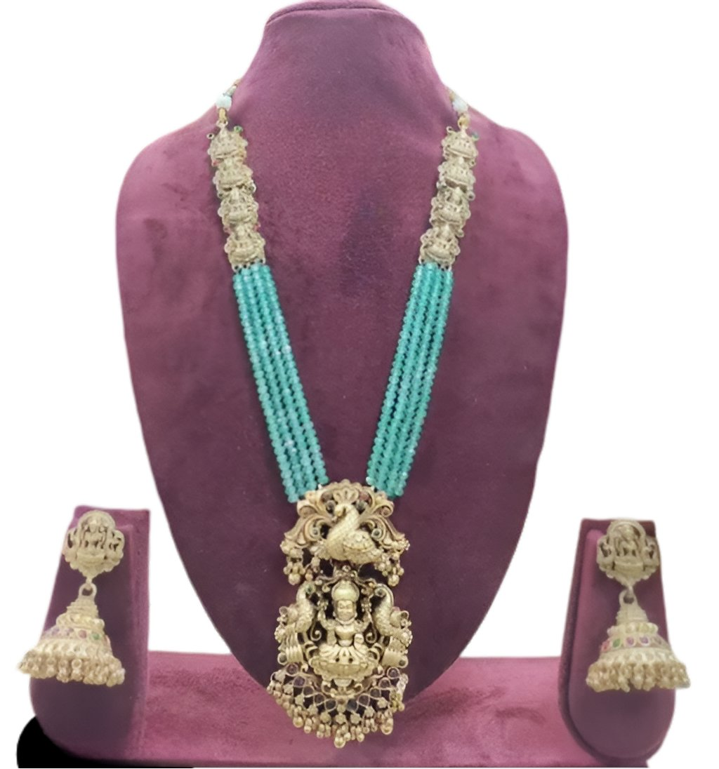 Jewel City Gold-Plated Temple Jewelry Set with Green Beads – Lakshmi & Peacock Design | Swadesiicart