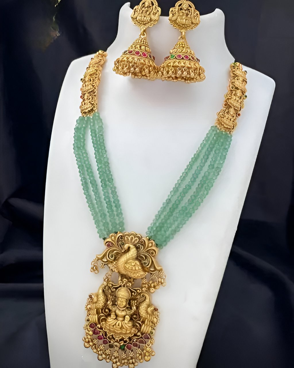 Jewel City Gold-Plated Temple Jewelry Set with Green Beads – Lakshmi & Peacock Design | Swadesiicart