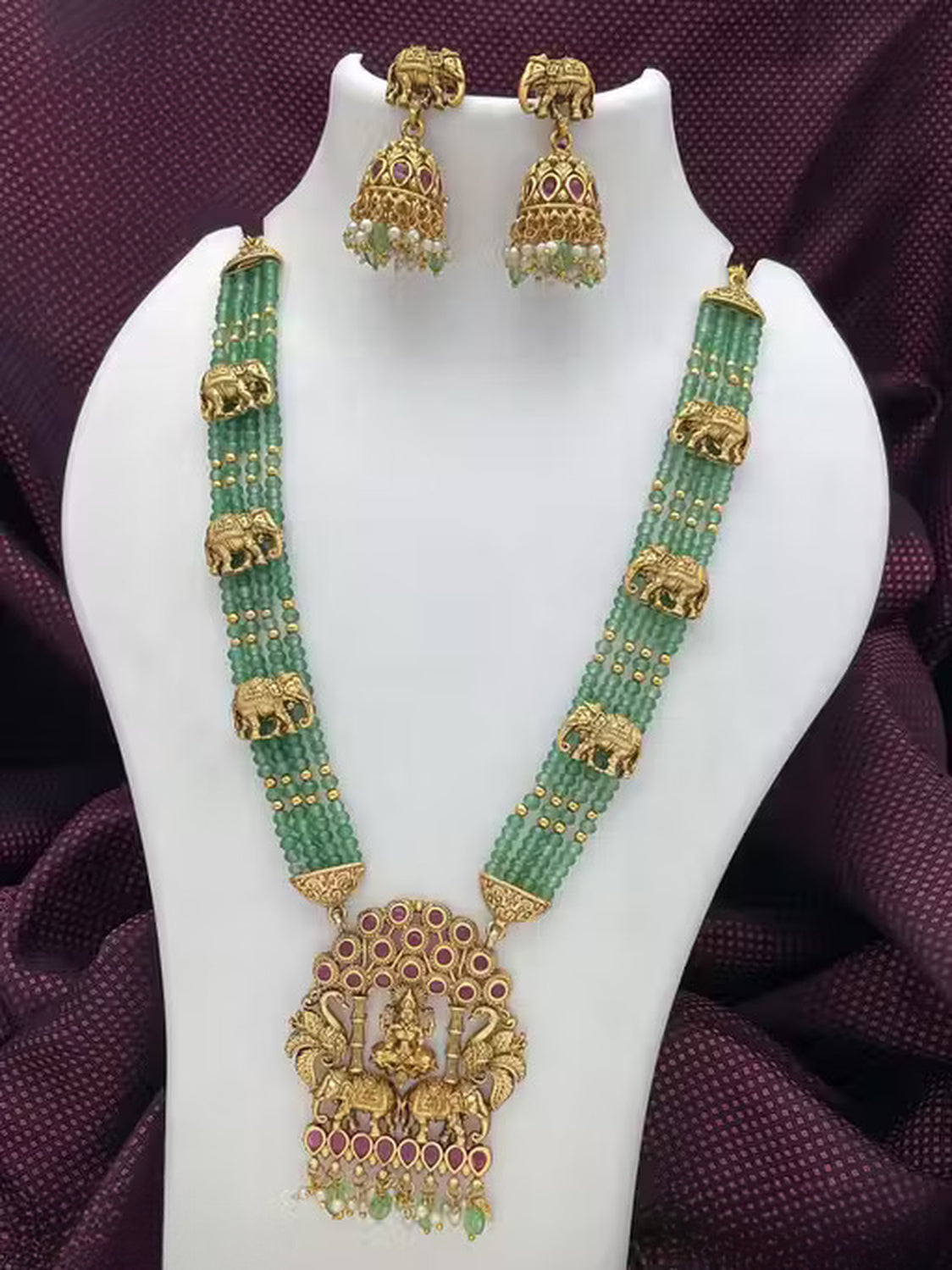 Jewel City Traditional Green Bead Temple Necklace with Lakshmi Pendant & Elephant Motif – Antique Gold-Plated South Indian Jewelry | Swadesiicart