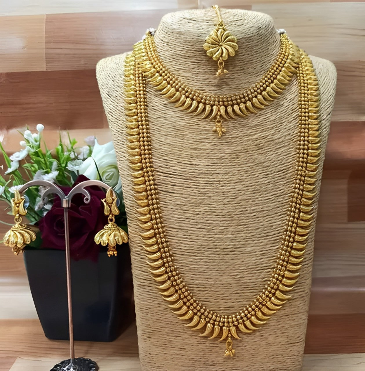 Jewel City Traditional Gold-Plated Kerala Mullamottu Mala Set with Jhumka Earrings | Swadesiicart