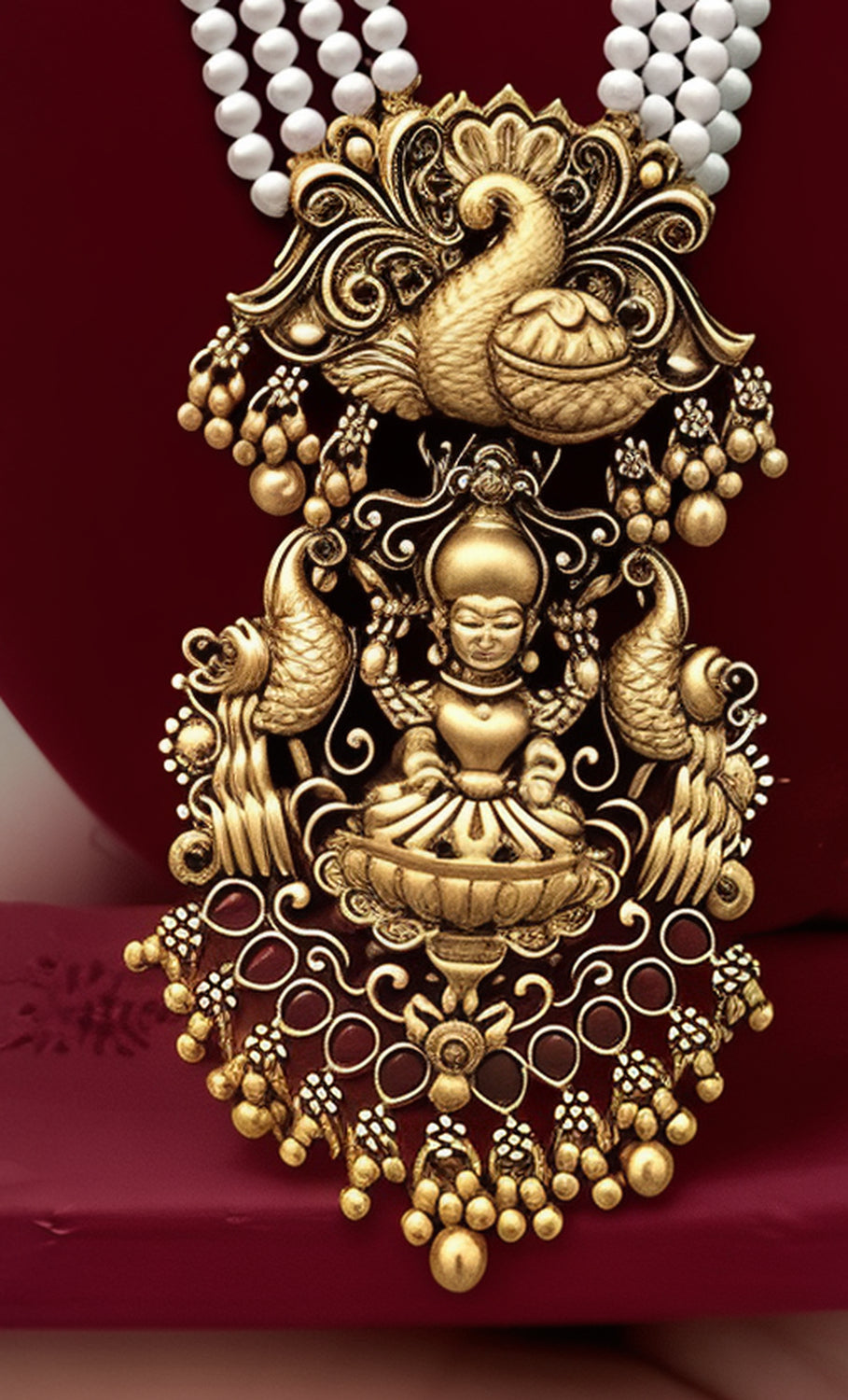 Jewel City Traditional Multi-Strand White Temple Lakshmi Pendant Necklace Set Antique Gold-Plated South Indian Bridal Jewelry Set | Swadesiicart