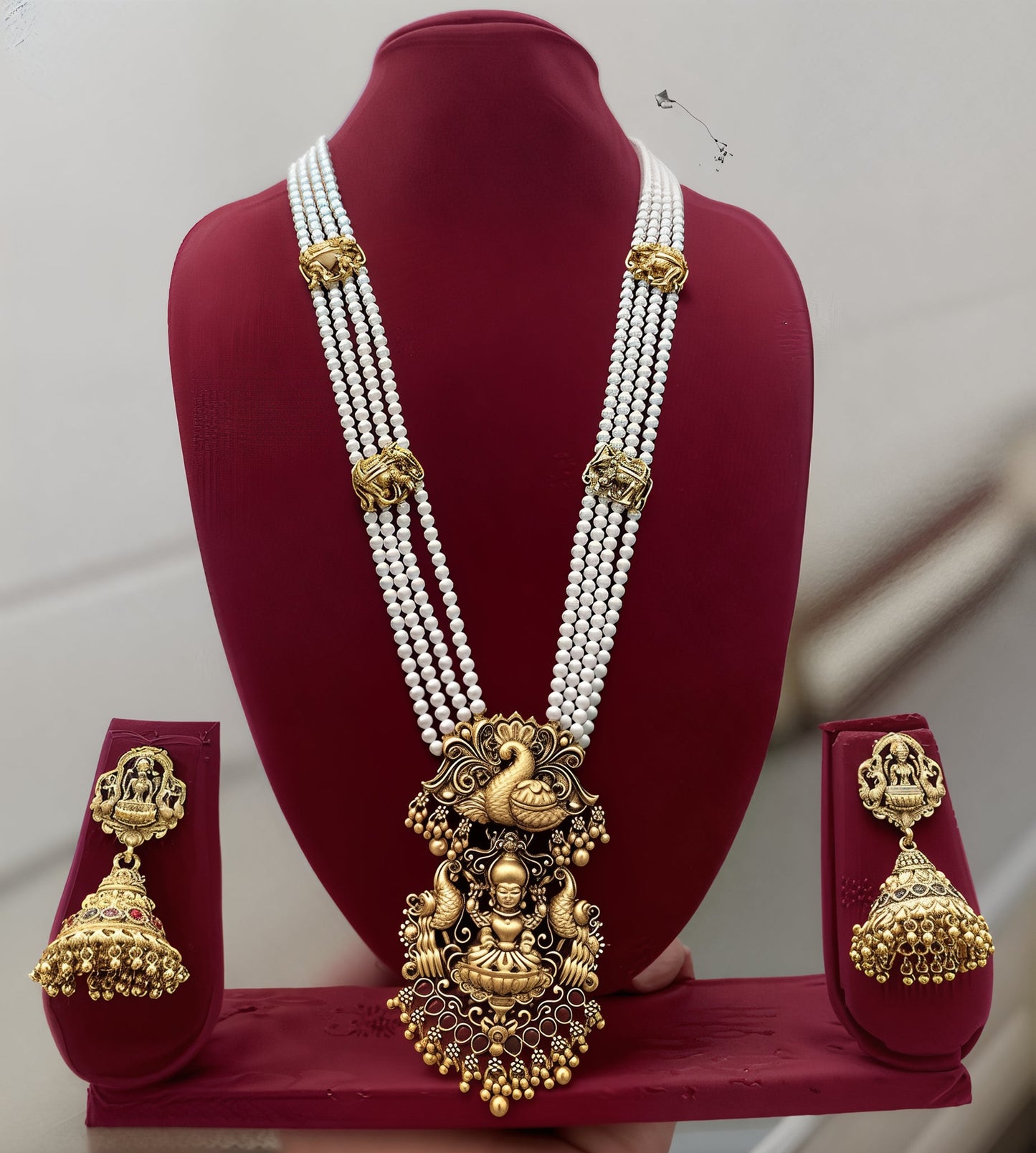 Jewel City Traditional Multi-Strand White Temple Lakshmi Pendant Necklace Set Antique Gold-Plated South Indian Bridal Jewelry Set | Swadesiicart