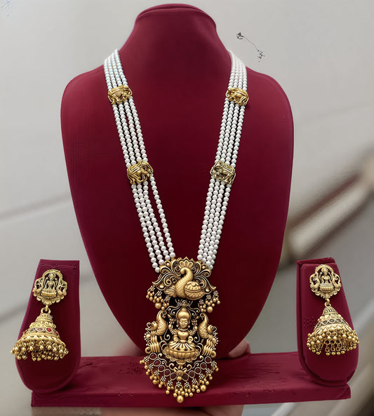 Jewel City Traditional Multi-Strand White Temple Lakshmi Pendant Necklace Set Antique Gold-Plated South Indian Bridal Jewelry Set | Swadesiicart