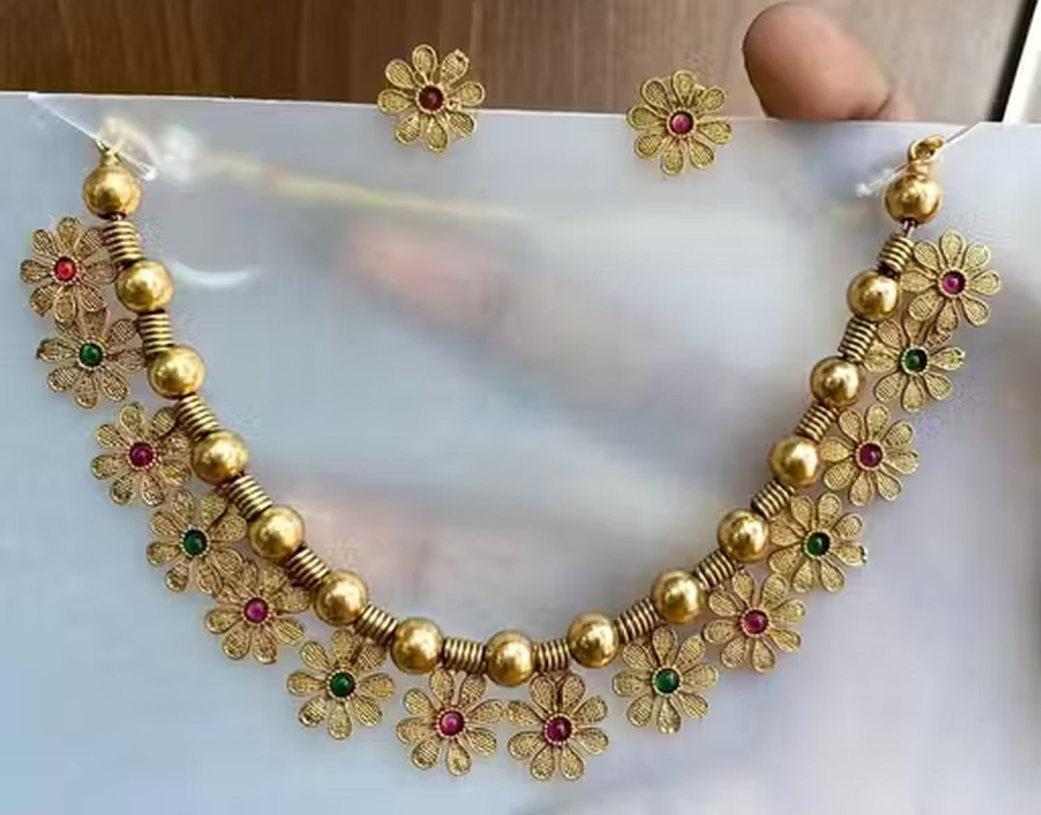 Jewel City Handcrafted Gold-Plated Floral Choker Necklace Set with Red & Green Stones – Ethnic Bridal Jewelry Set | Swadesiicart