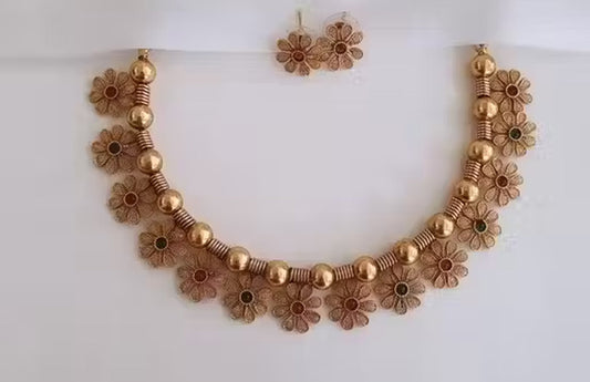 Jewel City Handcrafted Gold-Plated Floral Choker Necklace Set with Red & Green Stones – Ethnic Bridal Jewelry Set | Swadesiicart