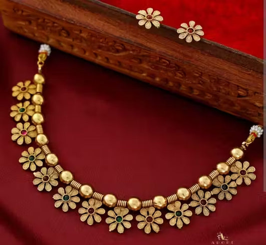 Jewel City Handcrafted Gold-Plated Floral Choker Necklace Set with Red & Green Stones – Ethnic Bridal Jewelry Set | Swadesiicart