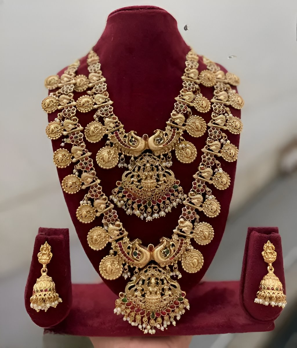 Jewel City Goddess Lakshmi Temple Jewelry Set - Antique Gold-Plated Coin Necklace with Jhumka Earrings - South Indian Wedding Bridal Collection | Swadesiicart