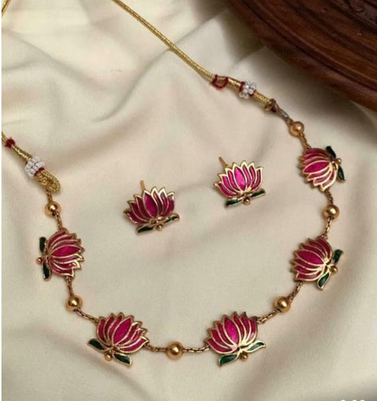 Jewel City Handcrafted Lotus Meenakari Necklace & Stud Earrings Set – Gold-Plated Ethnic Floral Jewelry Wear | Swadesiicart