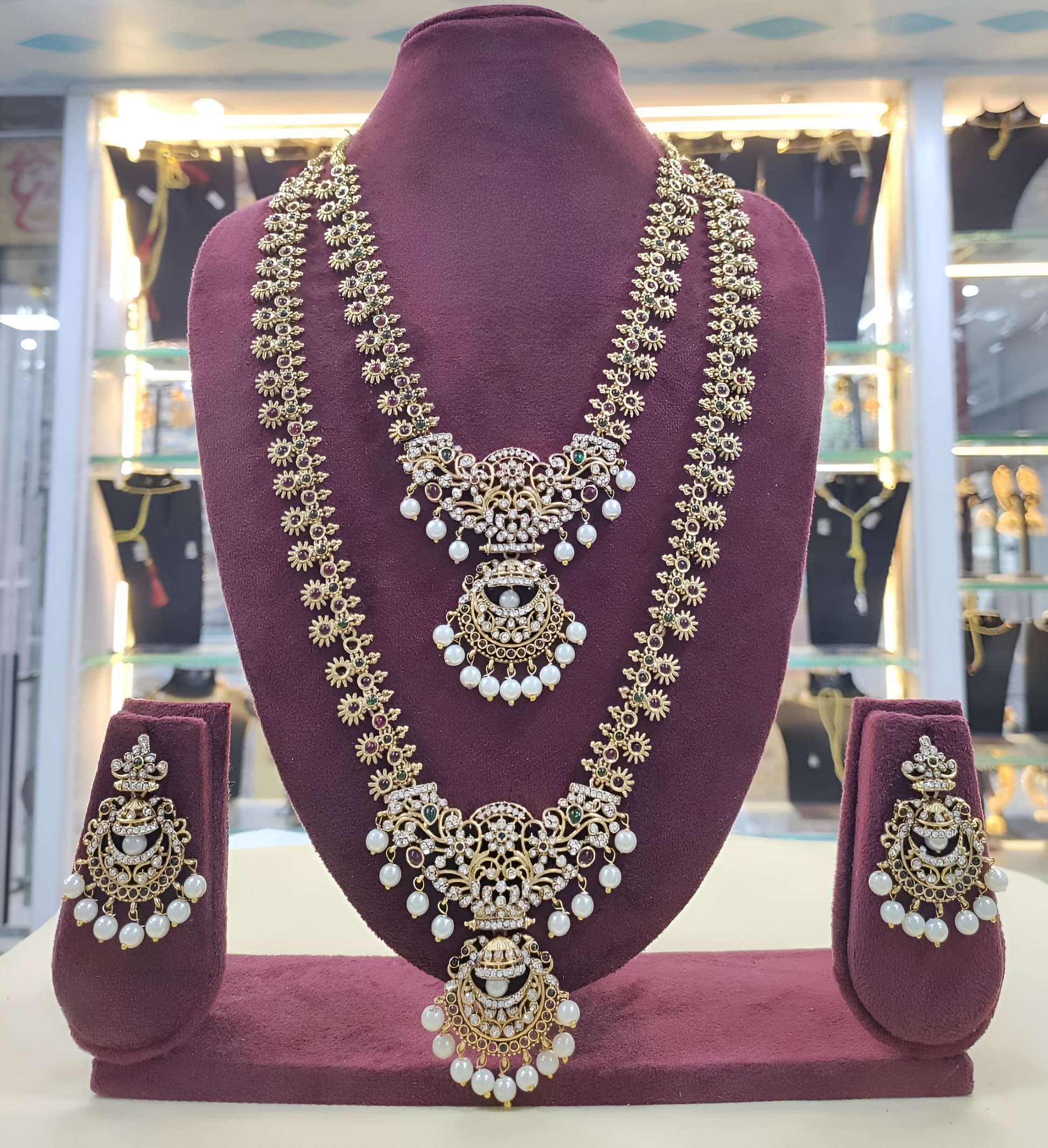 Jewel City Antique Temple Design Bridal Necklace Set with Chandbali Earrings - Pearl Embellished Gold-Plated Traditional Jewelry | Swadesiicart