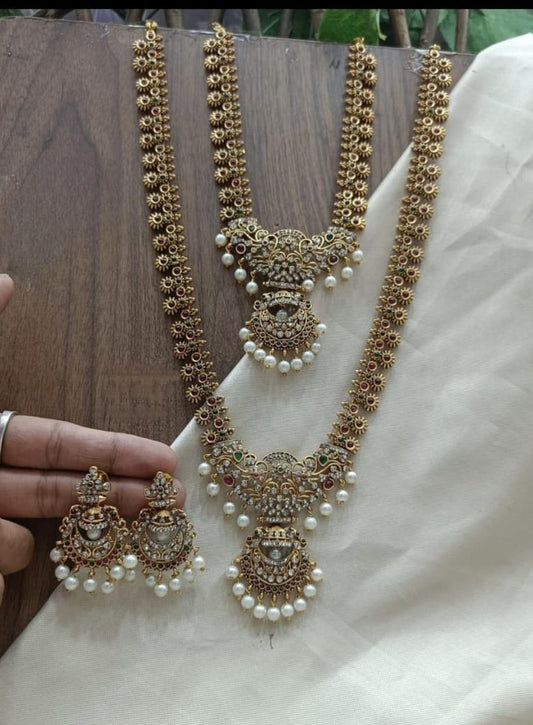 Jewel City Antique Temple Design Bridal Necklace Set with Chandbali Earrings - Pearl Embellished Gold-Plated Traditional Jewelry | Swadesiicart