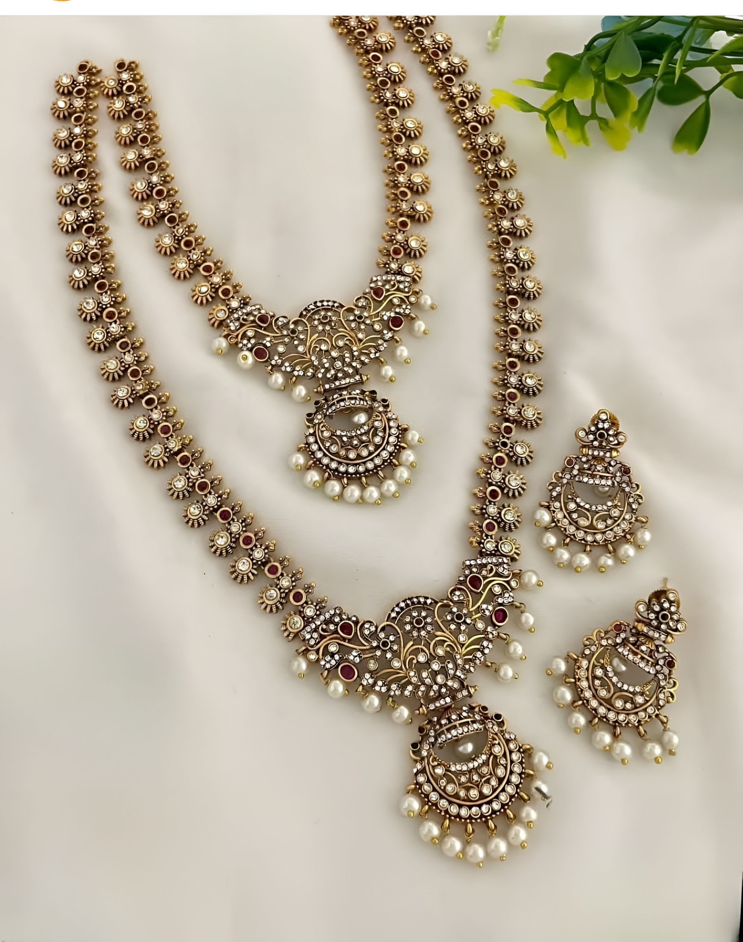 Jewel City Antique Temple Design Bridal Necklace Set with Chandbali Earrings - Pearl Embellished Gold-Plated Traditional Jewelry | Swadesiicart
