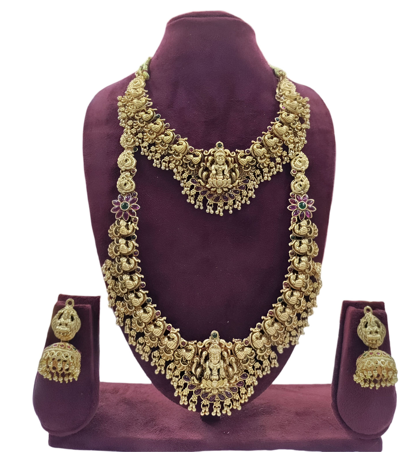 Jewel City Lakshmi Temple Jewelry Set - Gold-Plated Long Necklace with Choker & Earrings - Kemp Stone Traditional Bridal Collection | Swadesiicart