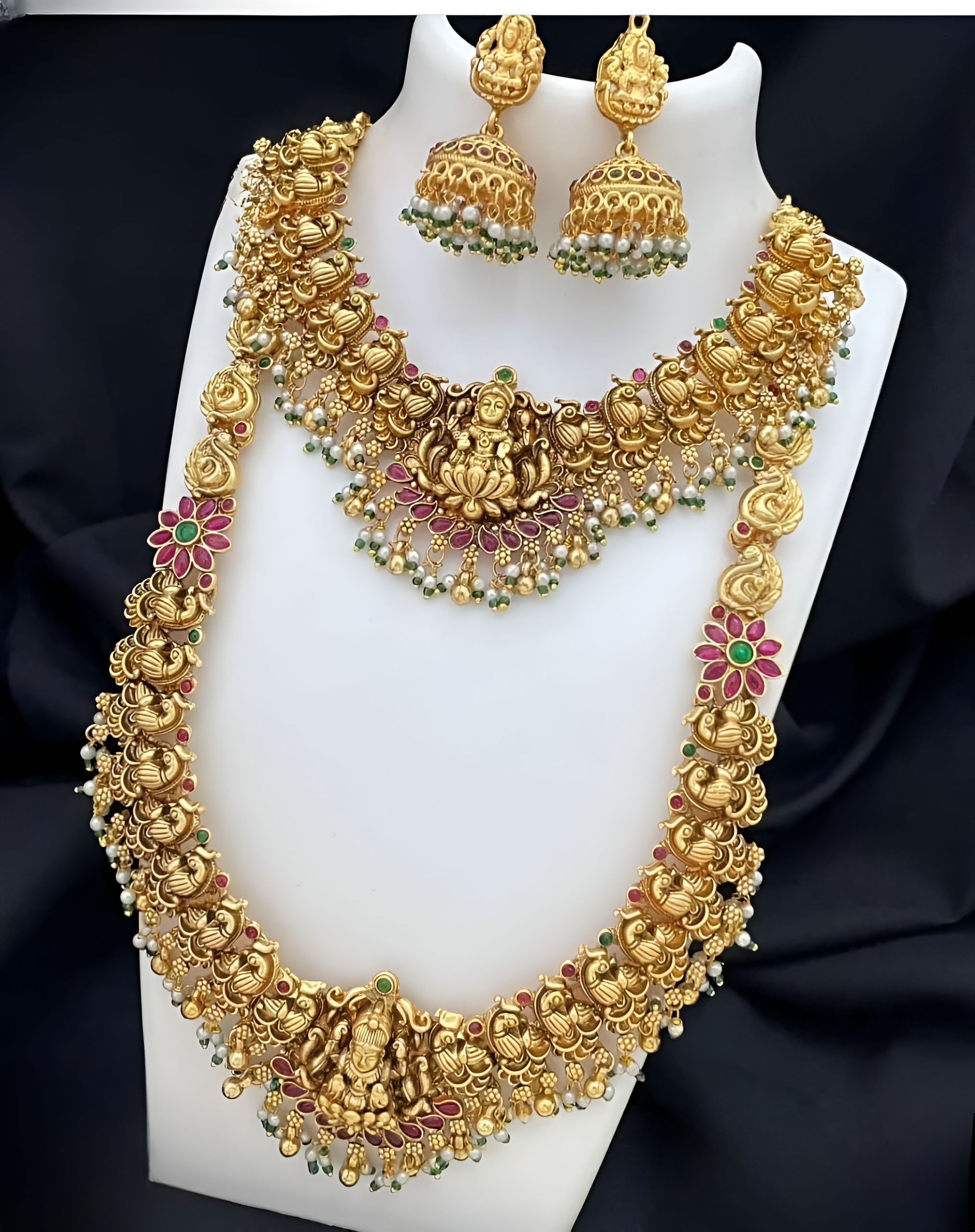 Jewel City Lakshmi Temple Jewelry Set - Gold-Plated Long Necklace with Choker & Earrings - Kemp Stone Traditional Bridal Collection | Swadesiicart
