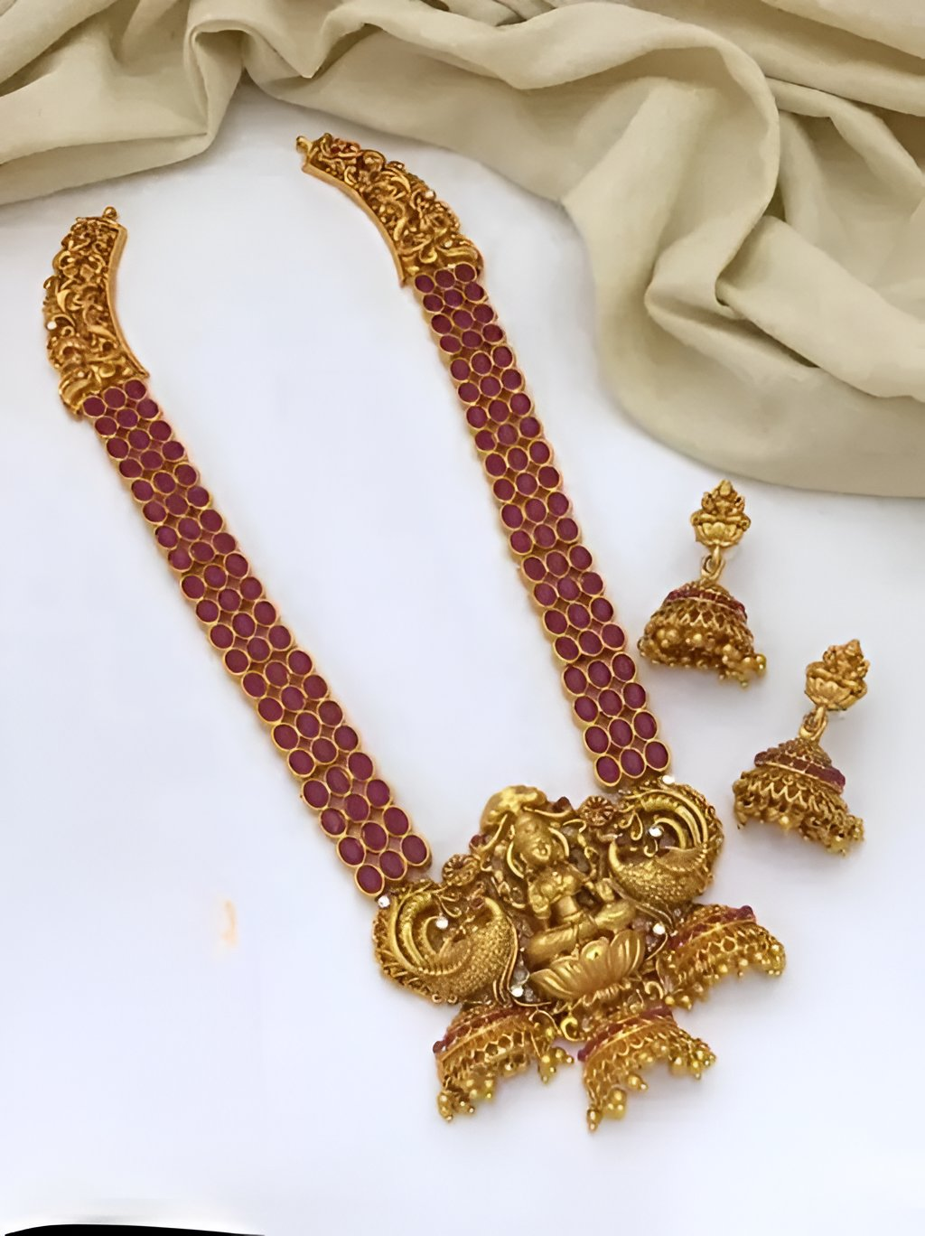 Jewel City Temple Gold Lakshmi Necklace with Red Stone - Traditional Indian Handcrafted Jewelry for Wedding, Festival & Occasions | Swadesiicart