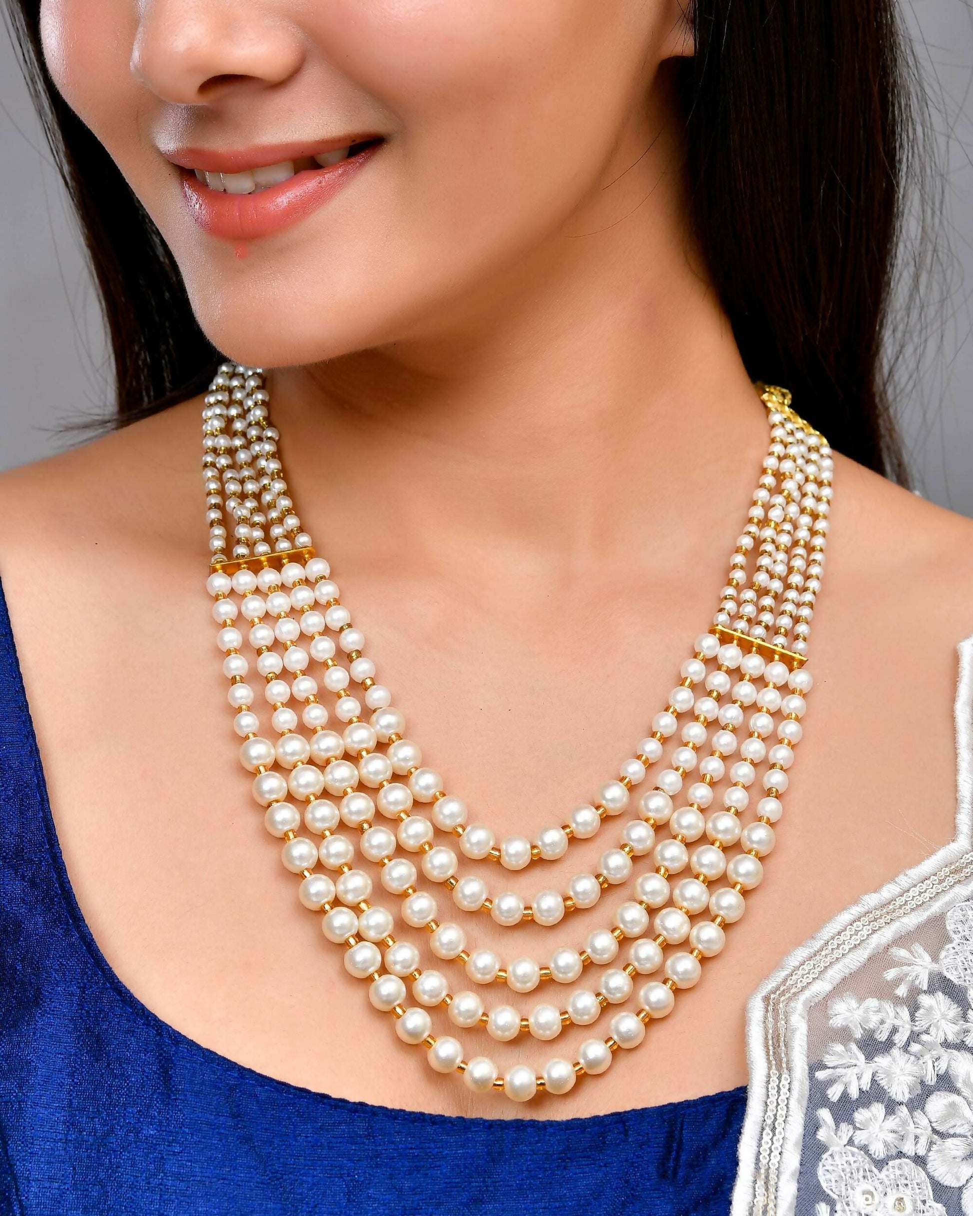 VOJ Gold-Polished Multi Layered Pearl Maharani Necklace | Swadesiicart