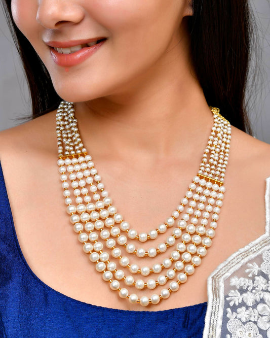 VOJ Gold-Polished Multi Layered Pearl Maharani Necklace | Swadesiicart