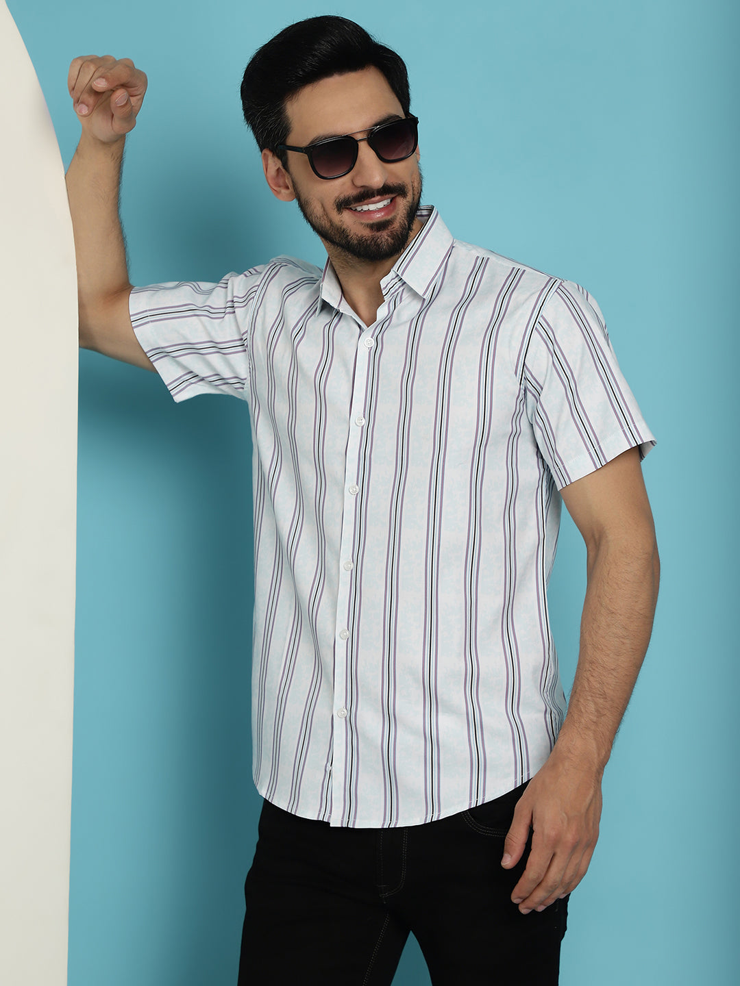 Indian Needle Men's Vertical Striped Half Sleeve Casual Shirt - Blue | Swadesiicart