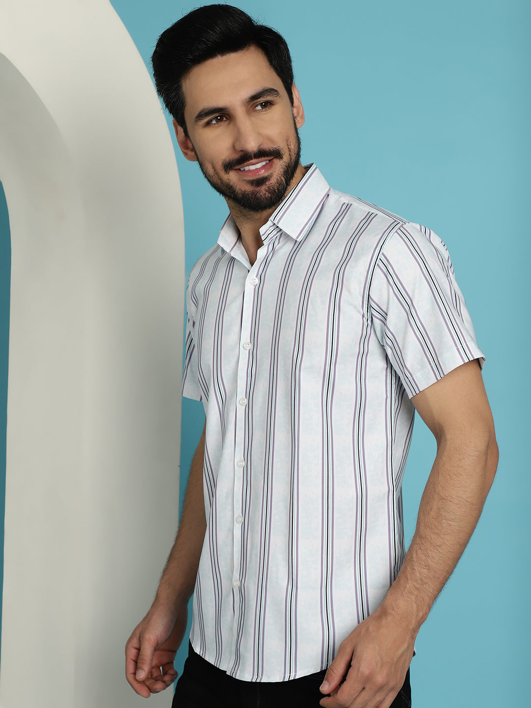 Indian Needle Men's Vertical Striped Half Sleeve Casual Shirt - Blue | Swadesiicart