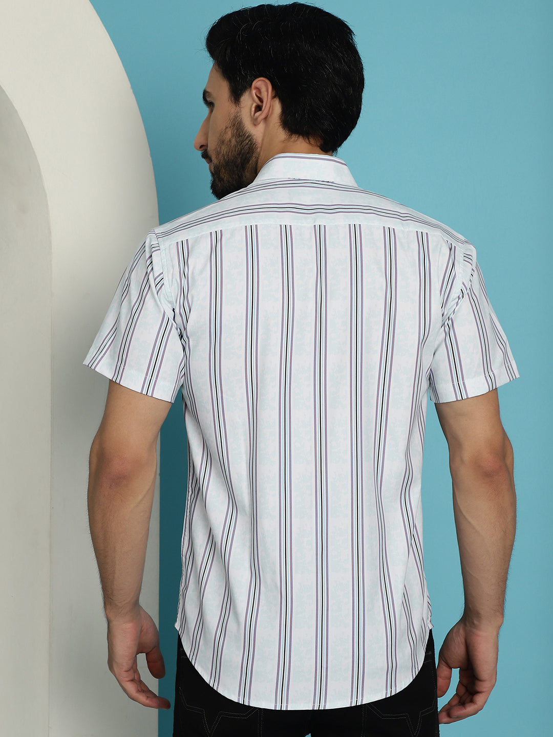 Indian Needle Men's Vertical Striped Half Sleeve Casual Shirt - Blue | Swadesiicart